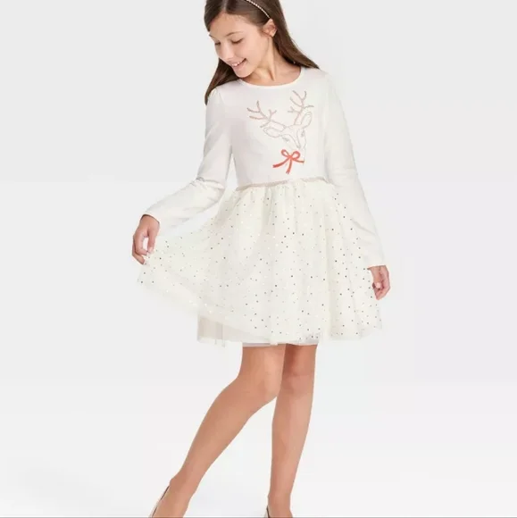 Cat & Jack | Dresses | Girls Holiday Long Sleeve Tulle Dress Cat Jack Cream  | Poshmark